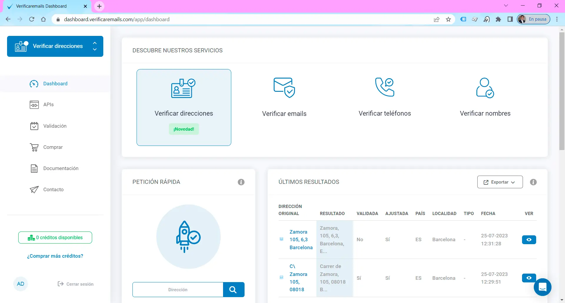 Verificar direcciones postales dashboard