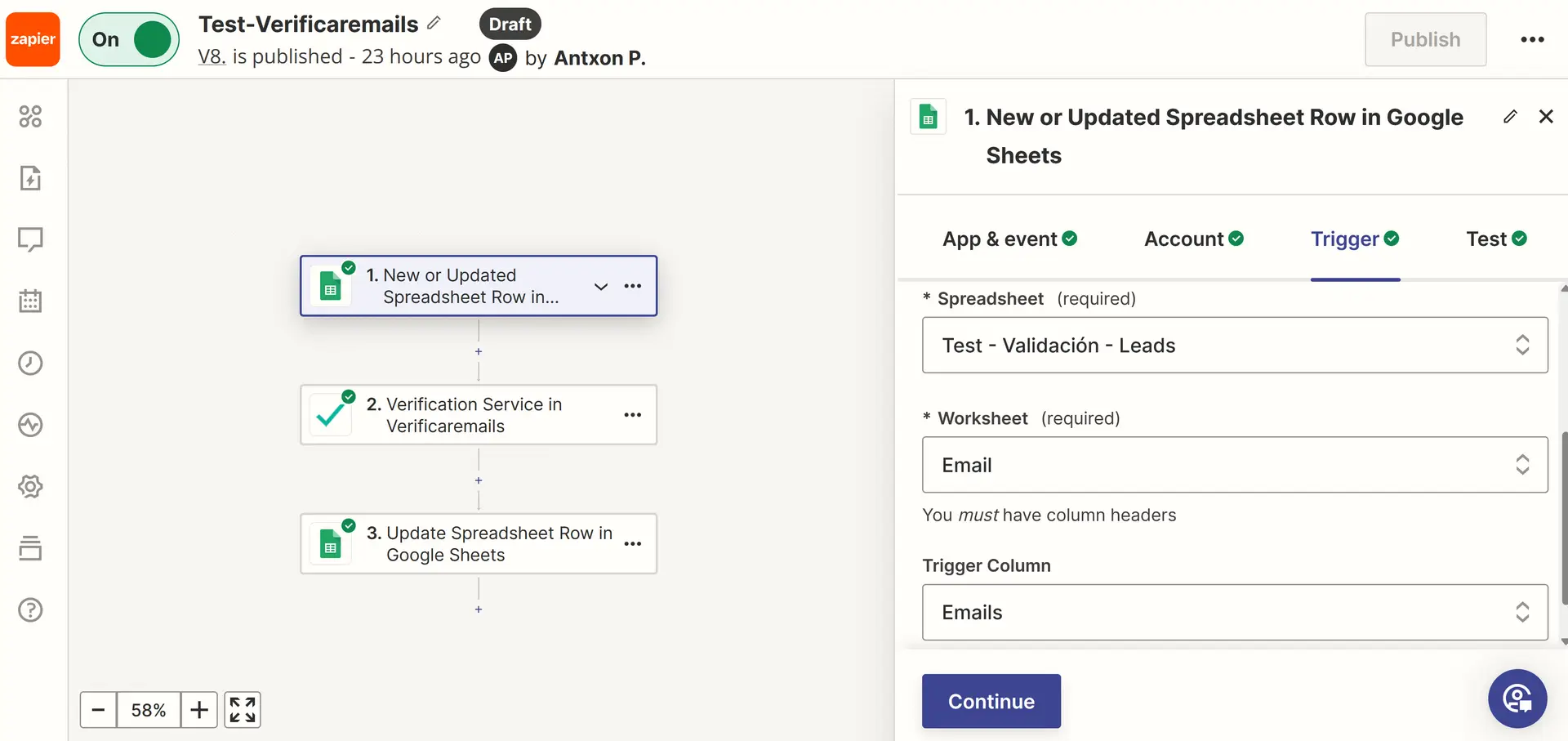 Zapier - Selecione o Google Sheet