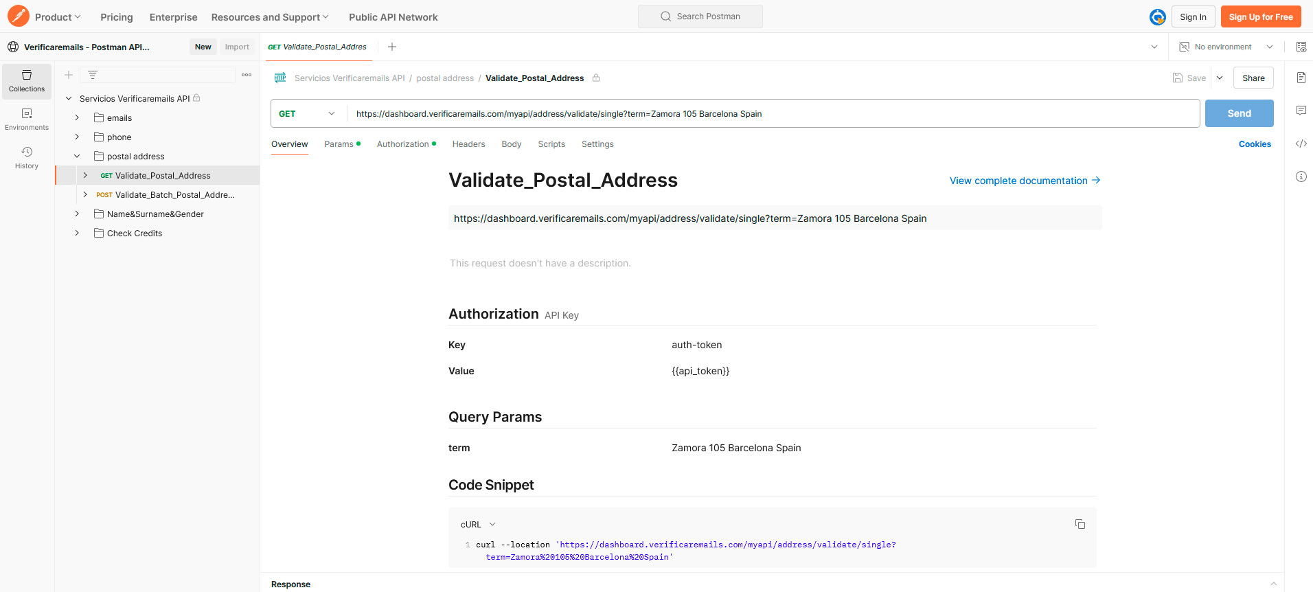 POSTMAN API direcciones postales