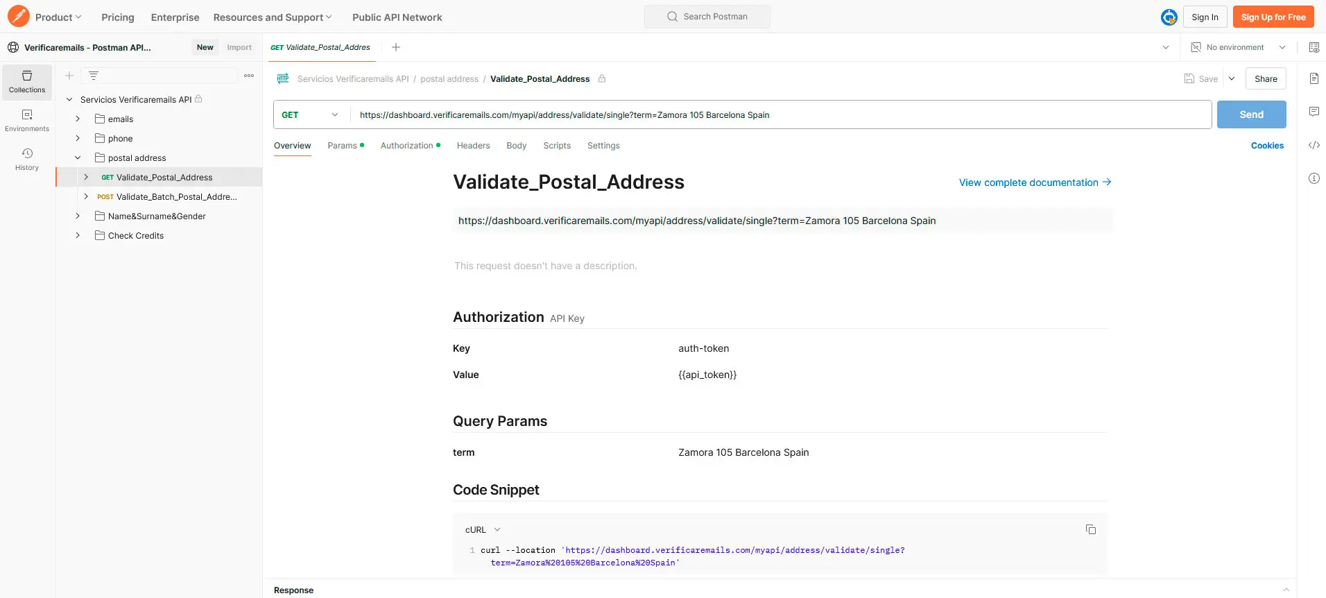 POSTMAN API direcciones postales